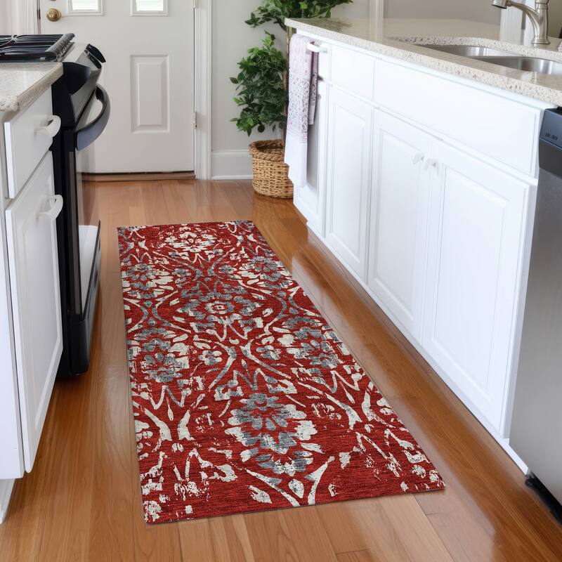 Premium Washable Super Soft Floral Damask Mayfield Rug - Red - 2'3" x 7'6"