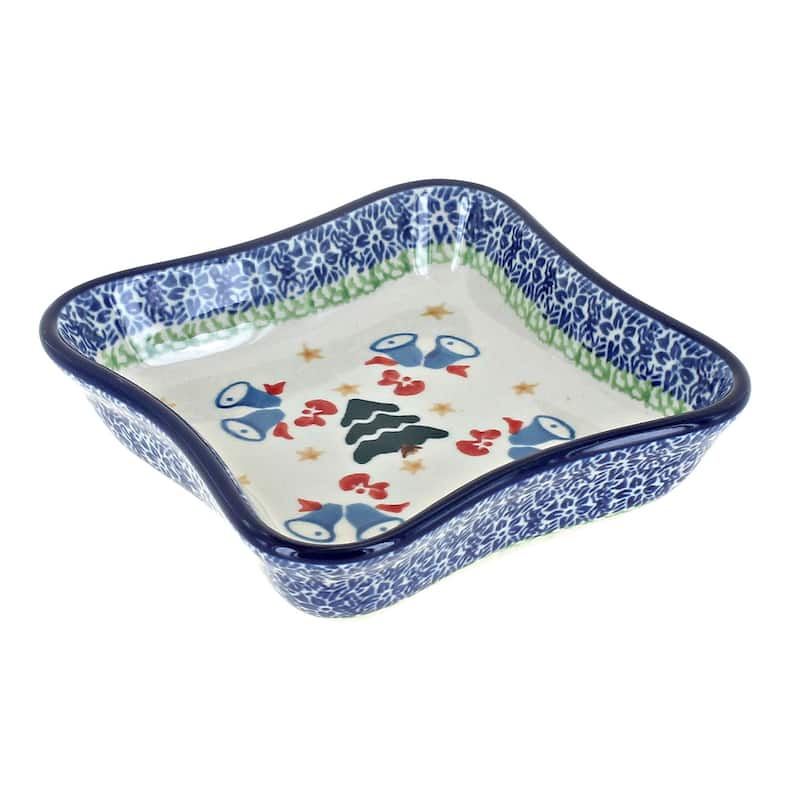 Blue Rose Polish Pottery 630 Ceramika Artystyczna Small Square Dish - Winter Bells