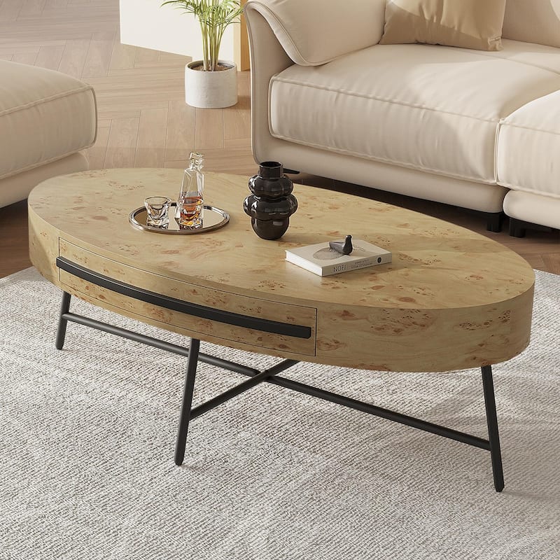 Oval Coffee Table with Drawer, 47.2" Mid-Century Modern Center Table, Wooden Coffee