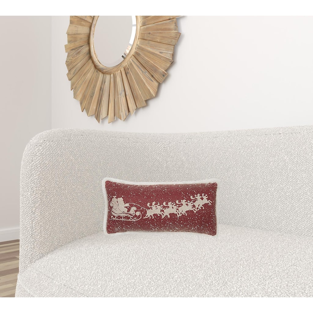 HomeRoots 10"x20" Red and Off White Deer Snow Christmas Santa and Sleigh Polyester Zippered Pillow