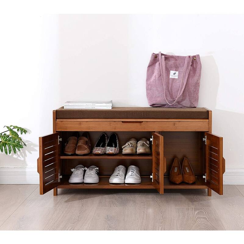 Shoe Storage Bench, Bamboo Shoe Rack with Door Storage Space and Soft Cushion