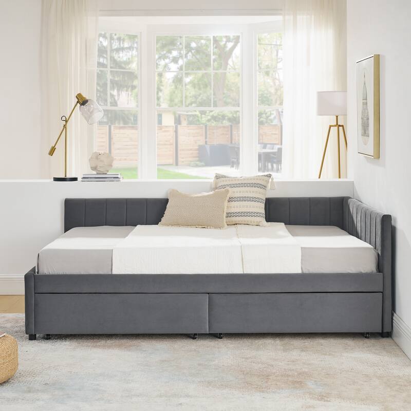 Full Size Upholstered Tufted Daybed with Storage Drawers, Velvet Grey, Comfortable Backrest and Armrests