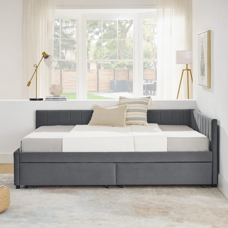 Full Size Velvet Upholstered Daybed with Storage Drawers, Tufted Sofa Bed Frame with Armrests and Backrest