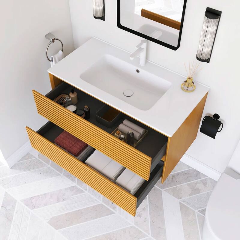 Wall-Mounted Bathroom Vanity with White Ceramic Sink