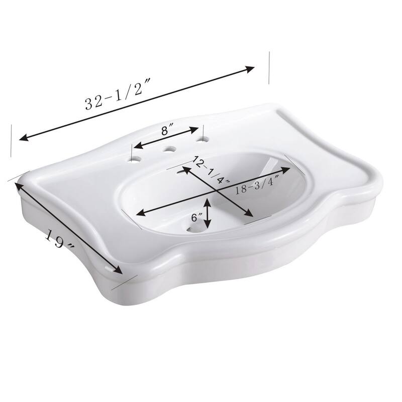 White Console Bathroom Pedestal Sink Belle Only 32.5" with Overflow and 8" Widespread Faucet Holes Renovators Supply