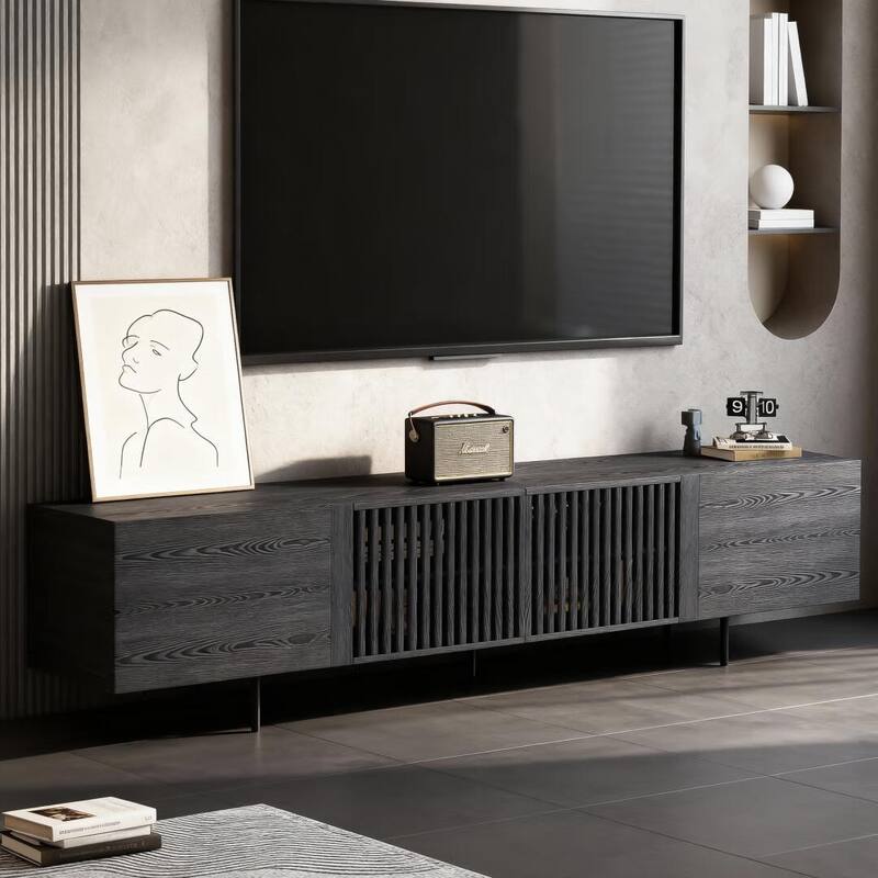 94.48 Inch Extra Long Black TV Stand with Slatted Doors, Modern Entertainment Center for TVs up to 100 Inches,