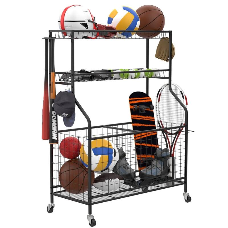 Garage Ball and Sports Equipment Organizer, Ball Storage Rack - 36.25 x 17.25 x 6.75 inches - Black - 36.25 x 17.25 x 6.75 inches