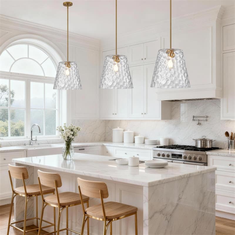 KAWOTI Adjustable Pendant Light with Hammered Glass Shade - W14"*H13.5"(MaxH21.5"~ 45.5")