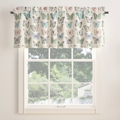 No. 918 Magdalena Butterfly Print Embroidered Trim Semi-Sheer Rod Pocket Curtain Valance - 54" x 18"