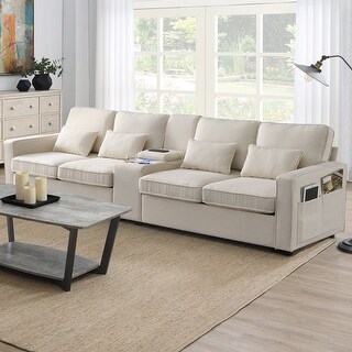 Modern 4-Seat Linen Fabric Sectional Sofa with Console - Bed Bath ...