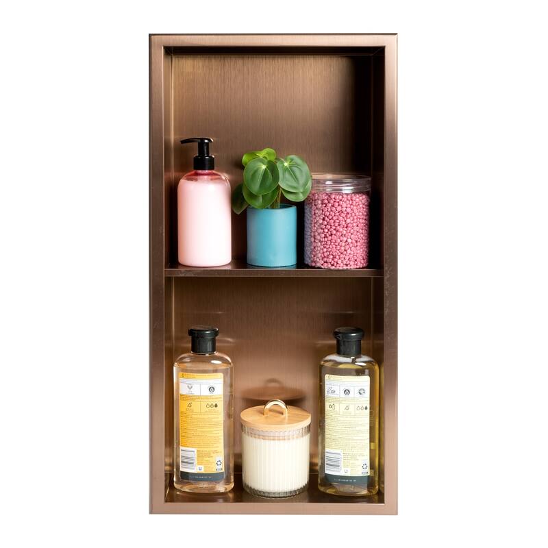 ALFI brand 12" x 24" Brushed Copper PVD Stainless Steel Vertical Double Shelf Shower Niche - Mahogany