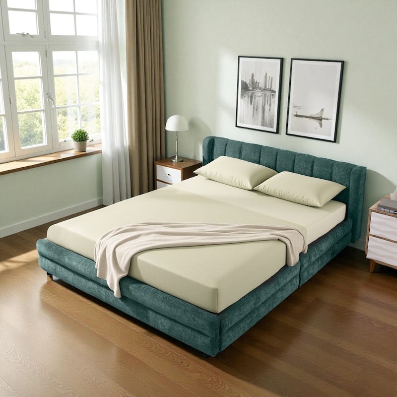Queen Size Upholstered Bed Frame with Chenille Headboard and Underbed Storage Drawer, Solid Platform Design