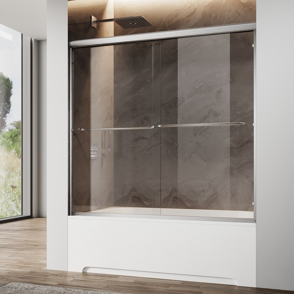Elegant Double Sliding Shower Door Brushed Nickel Finish Framed With 1/4 inch Clear Tempered Glass