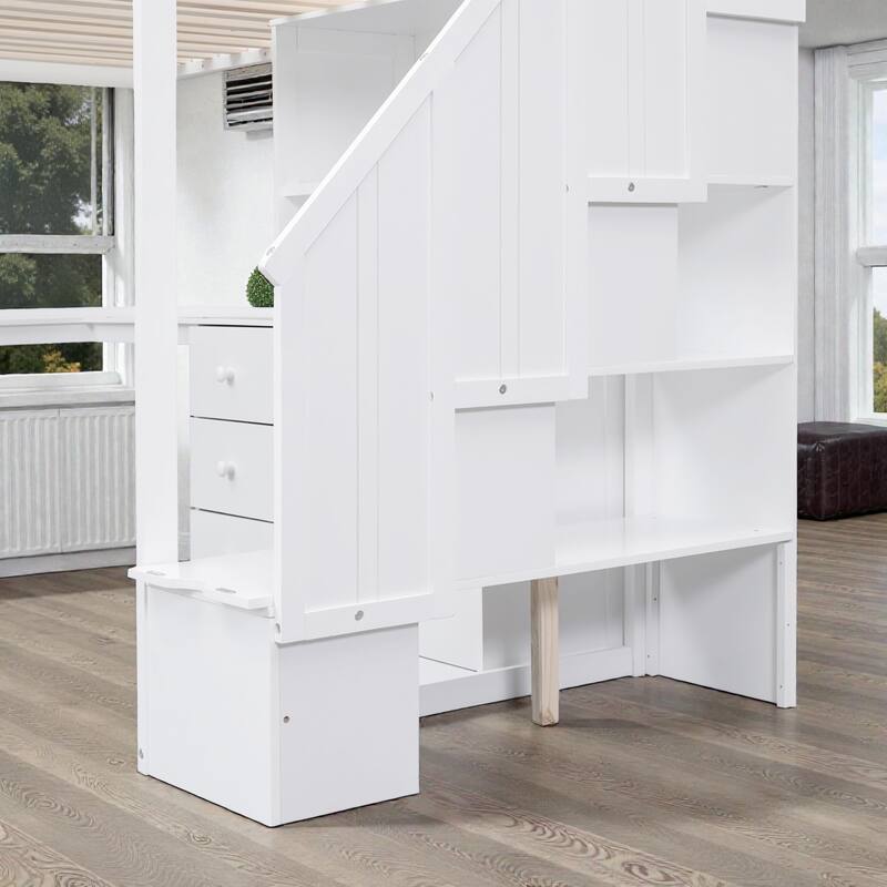 Twin Loft Bed with L Shaped Desk, Storage Stairs, Drawers and Cabinet, Space Saving Wood Loft Bed