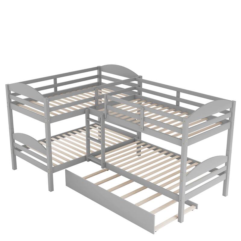 Twin Over Twin L-shaped Triple Bunk Bed with Trundle Bed & Ladder