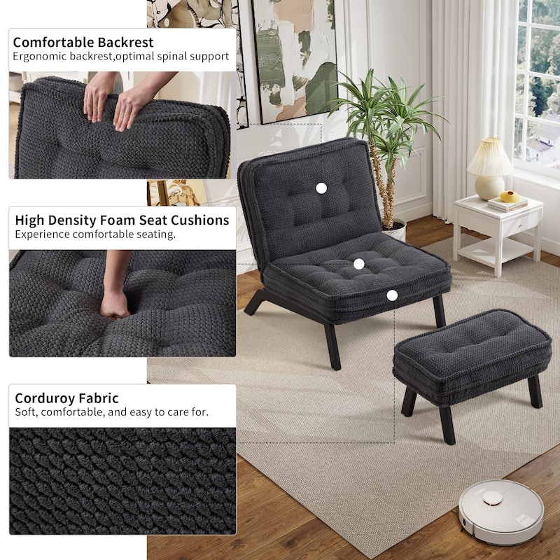 Upholstered Accent Chair with Ottoman, Armless Lounge Chair for Bedroom and Living Room, Comfortable Padded Seat with Wood Legs