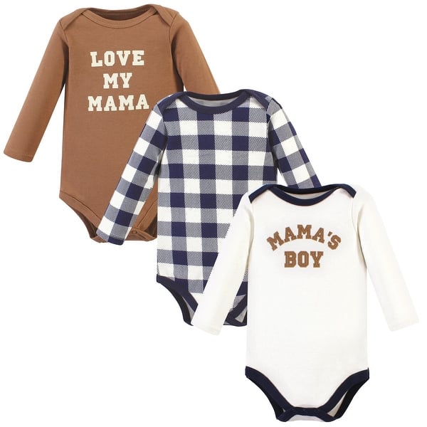 slide 1 of 1, Hudson Baby Infant Boy Cotton Long-Sleeve Bodysuits, Brown Navy Mamas Boy 3-Pack 12-18 Months - Brown Navy Mamas Boy 3-Pack
