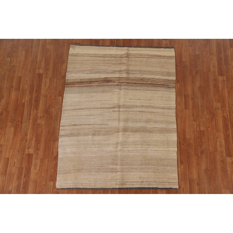 Earth Tone Kilim Modern Rug Hand-woven Reversible Wool Carpet - 4'4"x 5'9"