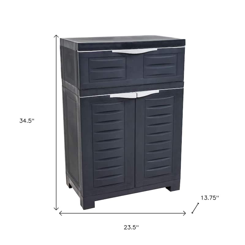 HomeRoots 35" Dark Gray Heavy Duty Plastic Two Door One Drawer Utility Cabinet - 23.50 in. x 34.50 in. x 13.75 in.