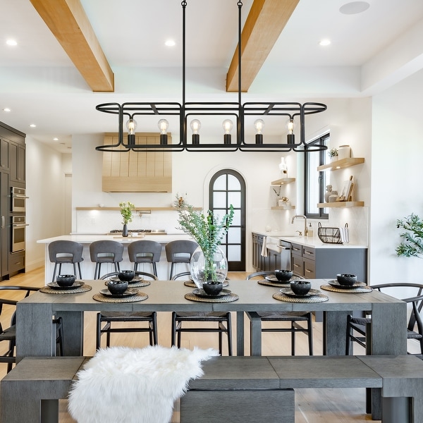 LALUZ Modern 6-Light Black Large Rectangle Chandelier for Kitchen