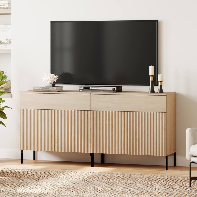 31.5" Modern Reeded TV Stand With Doors, Entertainment Center With Shelf, Wooden TV Console