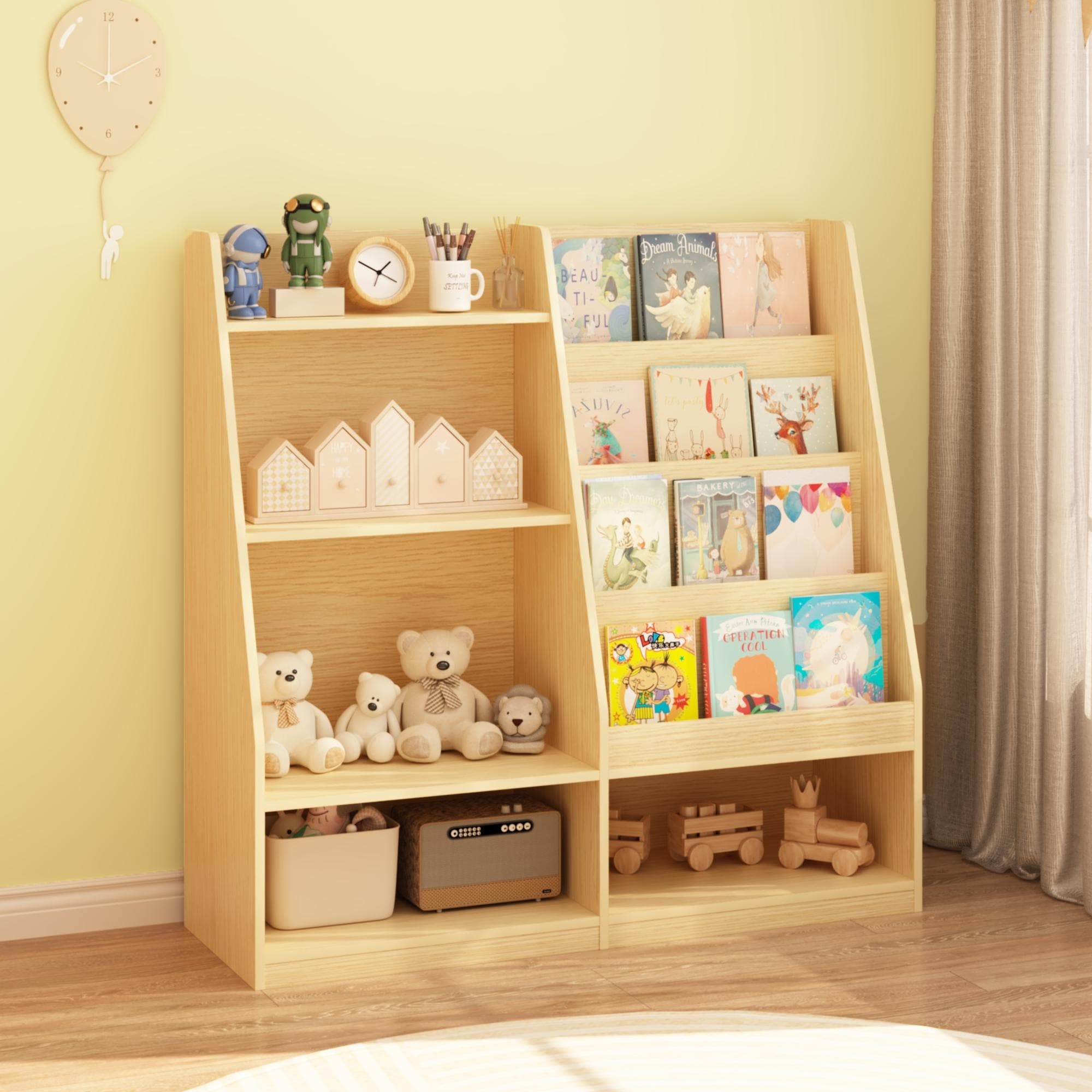 Kids Bookshelf and Toy Storage Organizer, 4 Tier Wooden Kids Book Shelf with Bookcase Display Stand in Kids Room