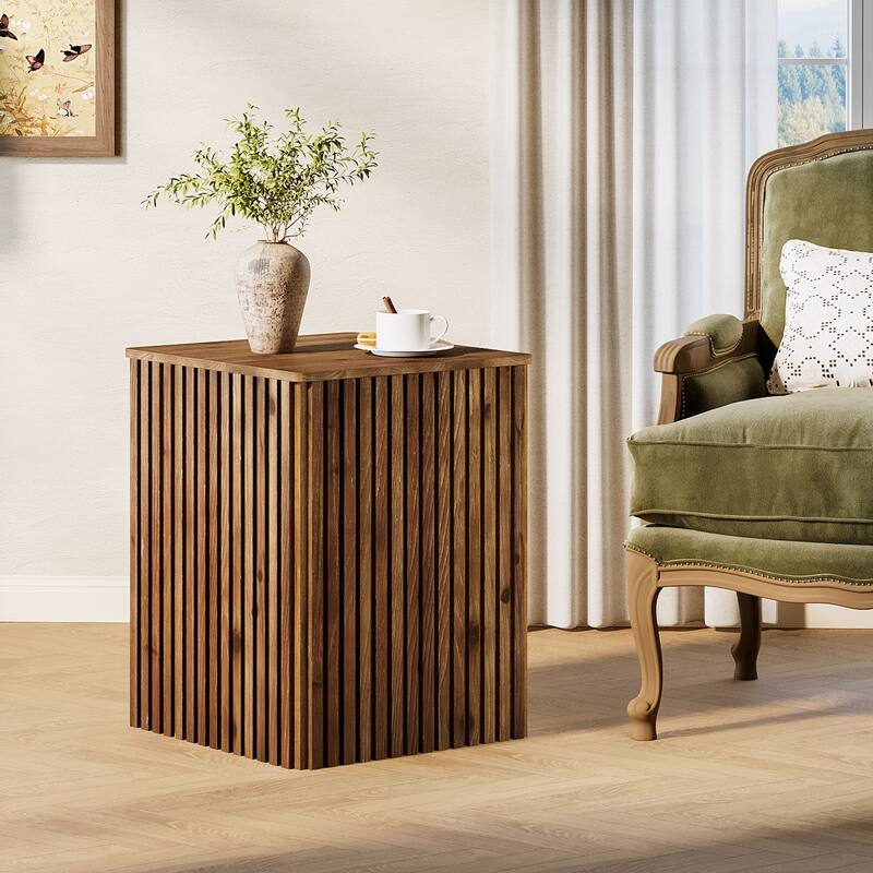 Solid Wood Fluted Side End Table with Storage and Removable Lid