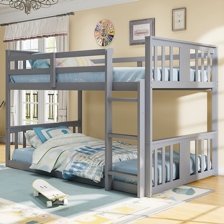 Twin over Twin Convertible Low Wood Floor Bunk Bed, Stackable and Detachable Bed Frames with Ladder for Kids, High Guardrail