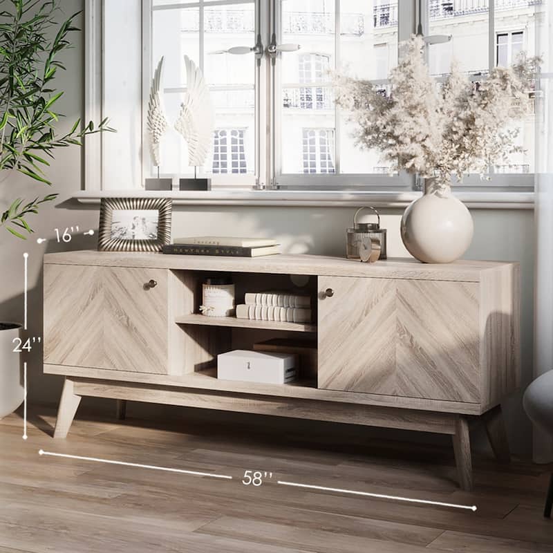 Living Skog Scandi Mid-Century Modern Herringbone TV Stand for TV Up to 65 Inches with Wooden Legs