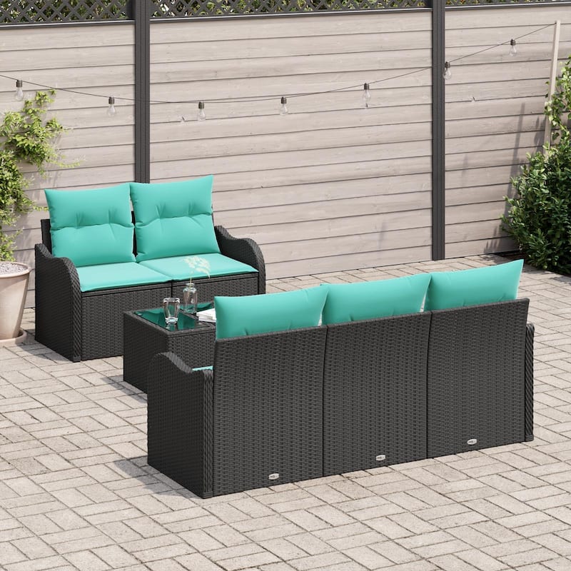 vidaXL 6 Garden Sofa Set with Cushions Black/Brown/Grey Poly Rattan - 69.3 x 24.4 x 27.2