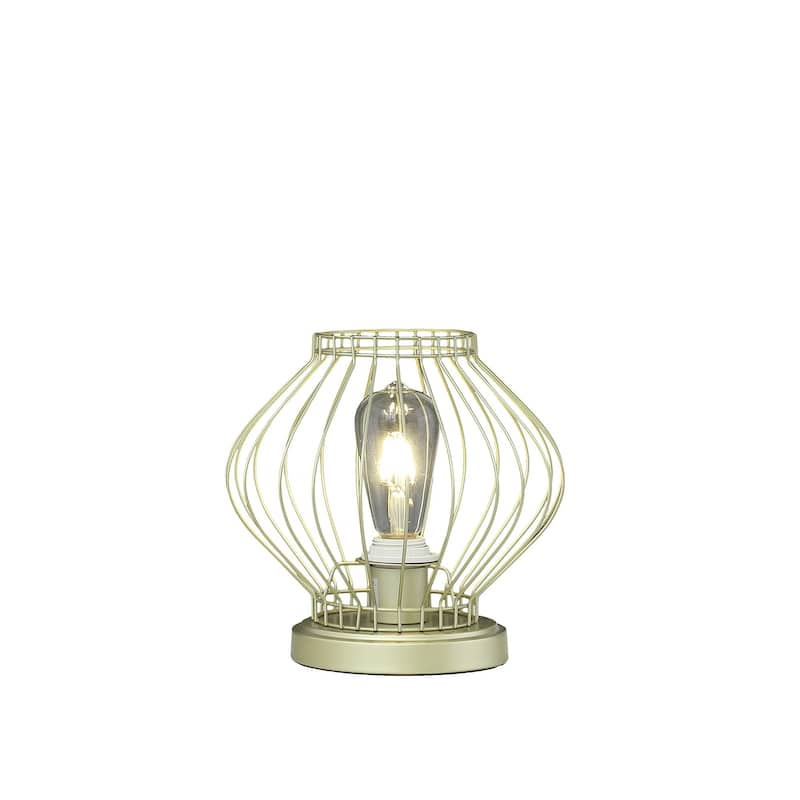 Gold Metal Cage Bedside Lamp with Drum Shade and In Line Switch - 9.75” x 9.75” x 9.5” (D x W x H) - Gold