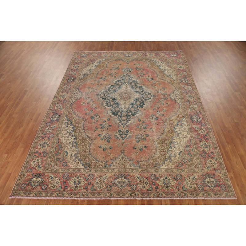 Medallion Tabriz Persian Vintage Rug Hand-Knotted Orange Wool Carpet - 7'9"x 10'7"