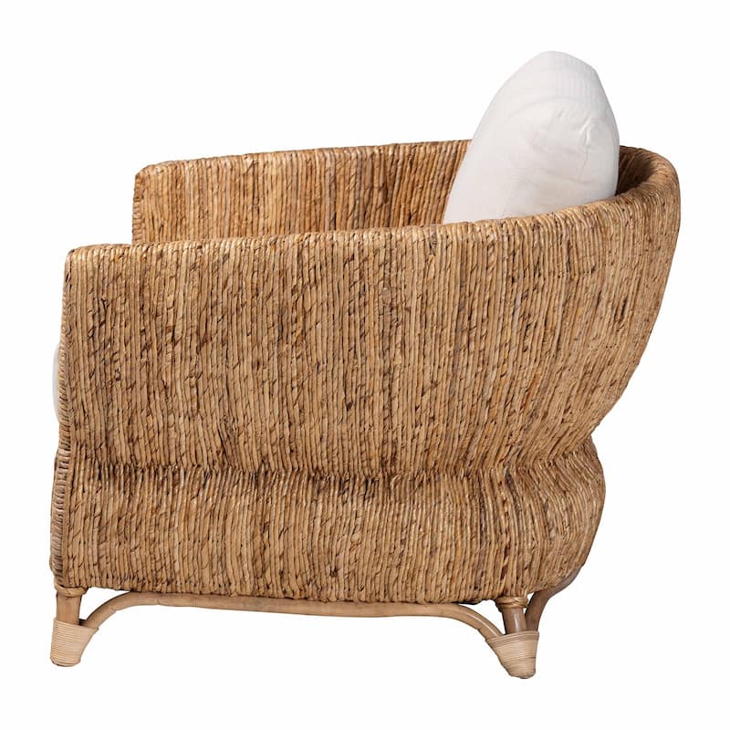 Roma Rattan and Seagrass Armchair with Cushions - Handwoven Lounge Chair with Wide Armrests and Sculptural Base, Boho Coastal