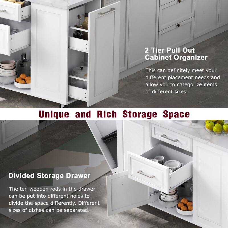 50.7" Kitchen Island with Storage and Concealed Trash Can, Rolling Kitchen Island on 5 Wheels with Drop Leaf, Drawers and Door