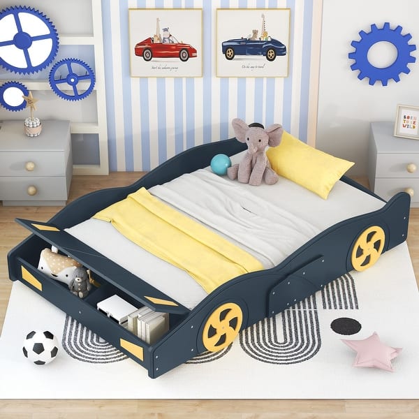 slide 2 of 9, Full Size Race Car-Shaped Platform Kids Bed Frame with Wheels and Storage for Bedroom, No Box Spring Required, Dark Blue+Yellow Dark Blue+Yellow