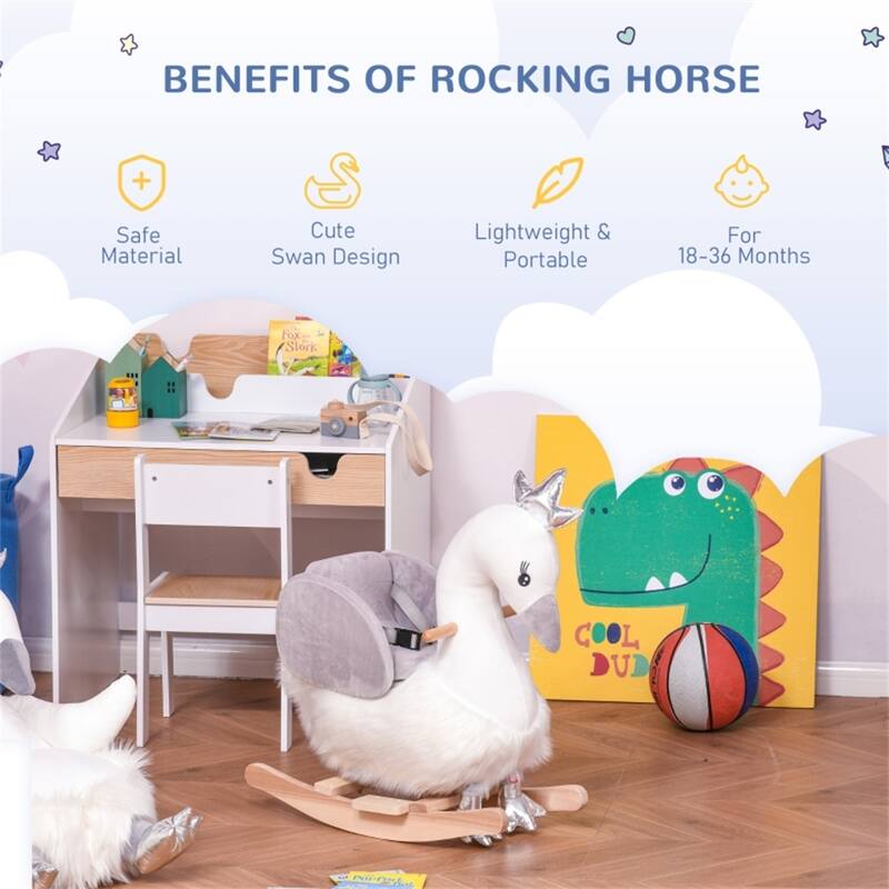 Kids Rocking Swan Toy Plush Seat Wooden Base Interactive Sound for Toddlers Ages 18 to 36 Months - 23.6" L x 13" W x 23.2" H