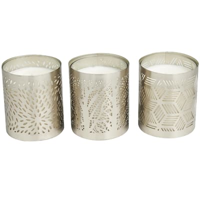 Metal Geometric Vanilla Marshmallow Scented 13 oz 1 Wick Decorative Candle with White Wax - Set of 3 Silver - Roche River Decor