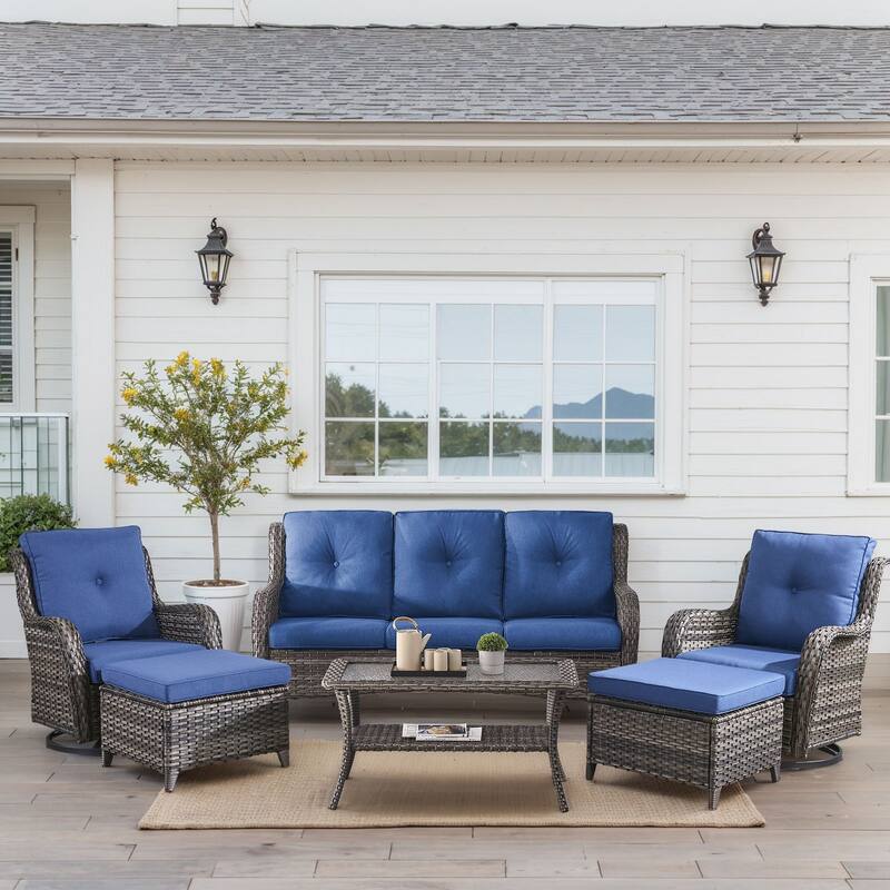 Outdoor Swivel Chairs with Sofa Ottoman Table - Grey - Blue