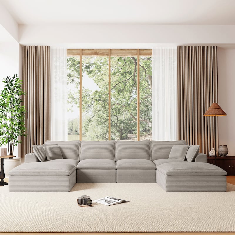 U Shaped Modular Sectional Sofa with Ottomans, Oversized Corduroy Upholstered Cloud Sofa, Fully Compressed 6 Seat Sofa