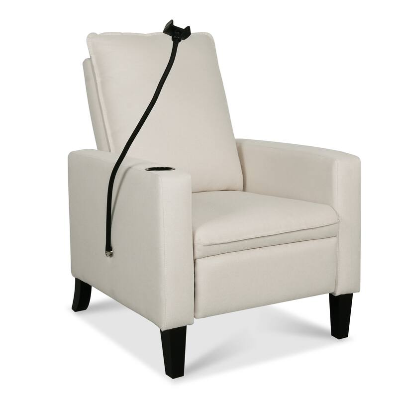 Beige Modern Fabric Manual Adjustable Recliner Chair with Mobile Phone Holder, Cup Holder, and Footrest