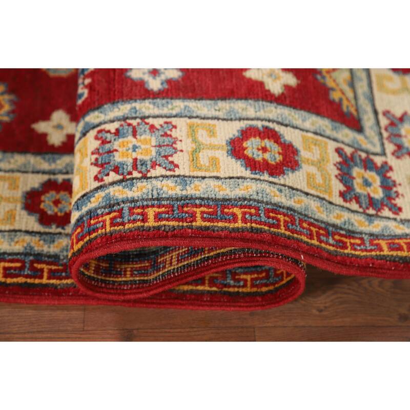 Geometric Red Kazak Oriental Foyer Rug Hand-Knotted Wool Carpet - 2'7" x 4'1"