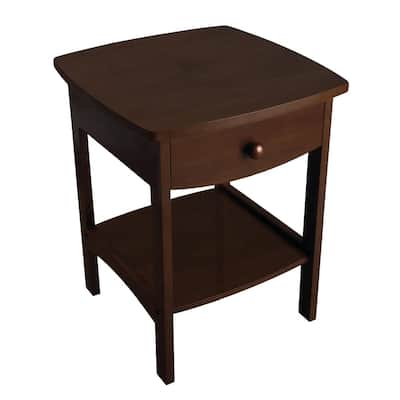 Walnut Solid Beechwood Nightstand with Drawer and Open Shelf
