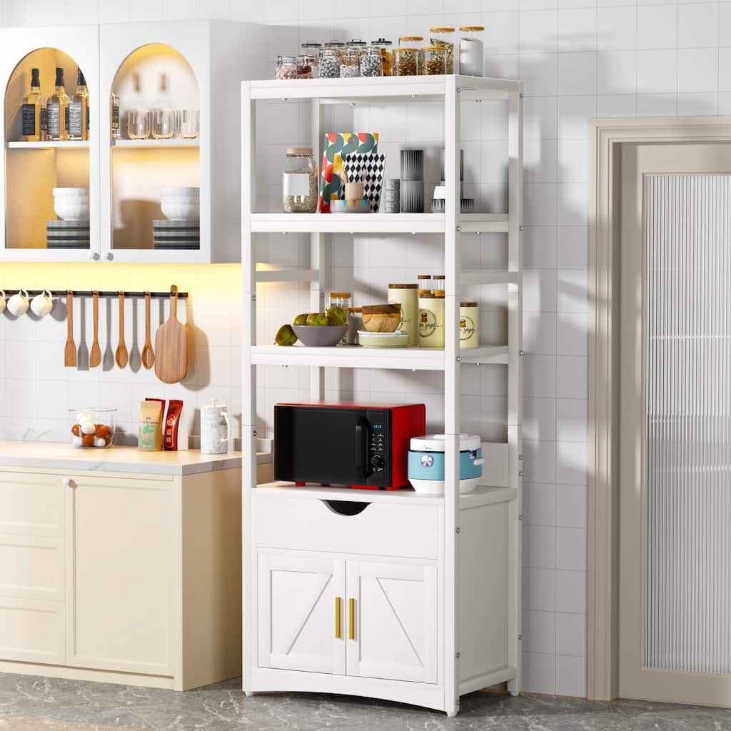 VECELO White Multifunctional Kitchen Storage Cabinet with Microwave Stand Drawer Charging Ports Freestanding Cabinet for Kitchen