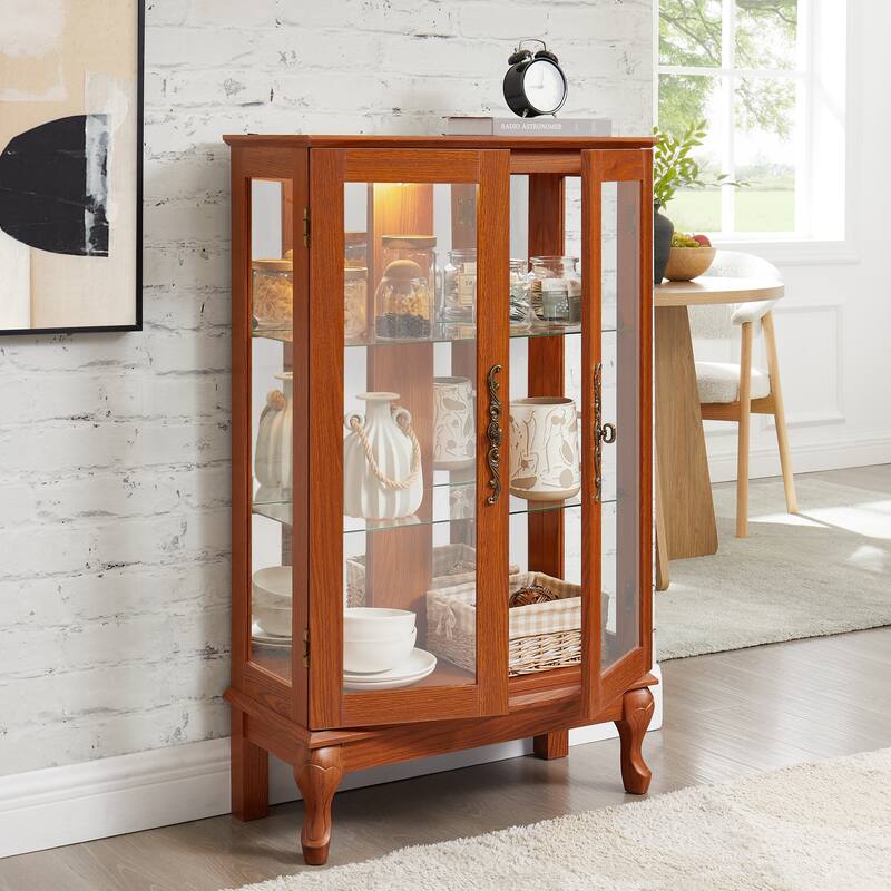 2-Door Curio Cabinet - Tempered Glass, Mirrored Back, Adjustable Shelves & Built-In Lighting (Bulb Included)‌