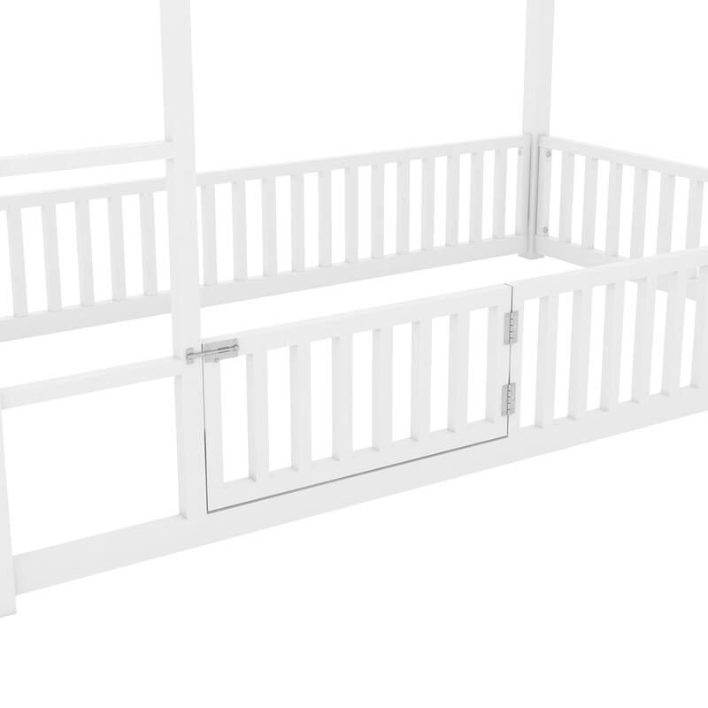 Metal Twin over Twin House Bunk Bed with Fence, Door & Playful Design