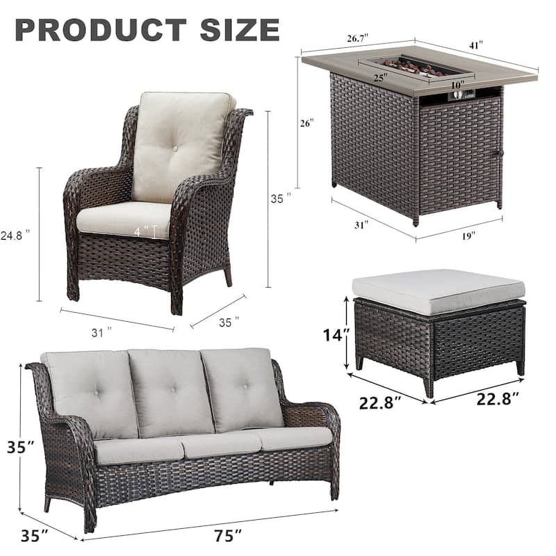 6 Piece Chair Patio Sofa Ottomans with Fire Pit Table