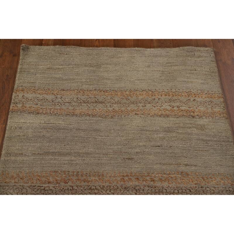 Hand Knotted Oriental 100% Wool Carpet Modern Stripe Greys & Charcoal Modern Runner Rug - 13' 3'' X 2' 7''