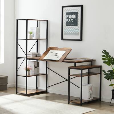 Home Office Computer Desk with Wooden Storage Shelves