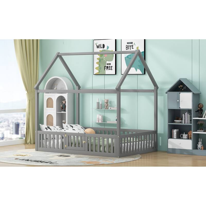 Roomfitters Full Size Wood House Bed with Fence Guardrails and Door, Distressed Gray