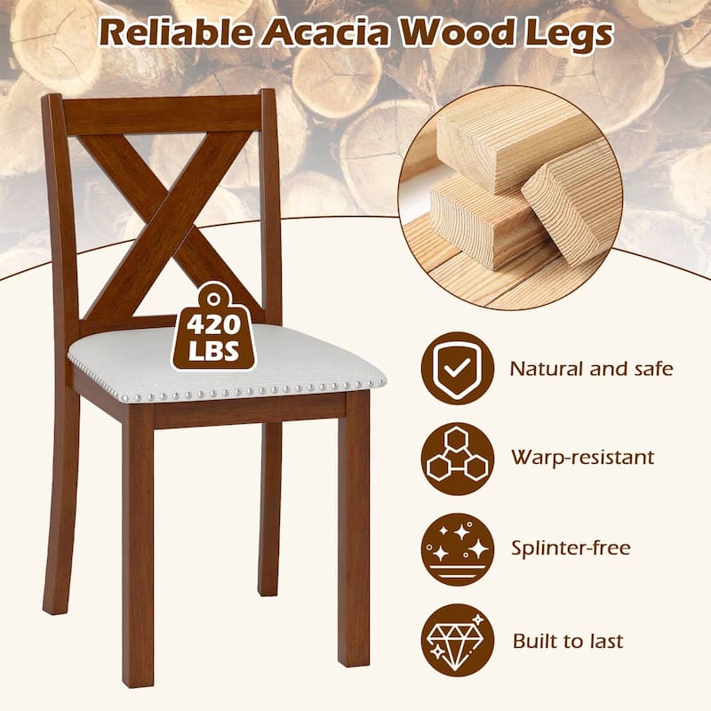 Beige Linen Upholstered Dining Chairs Set of 2 with Acacia Wood Legs Padded Seats and Curved Backrest - 17.5" x 21" x 36"